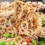 Ground beef and ramen noodles with broccoli.