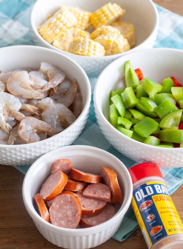 bowl of shrimp, peppers, corn, sausage and old bay