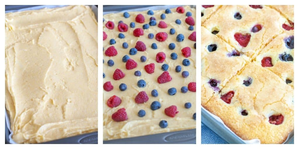 sheet cake in pan before baked and after with raspberry and blueberry on top