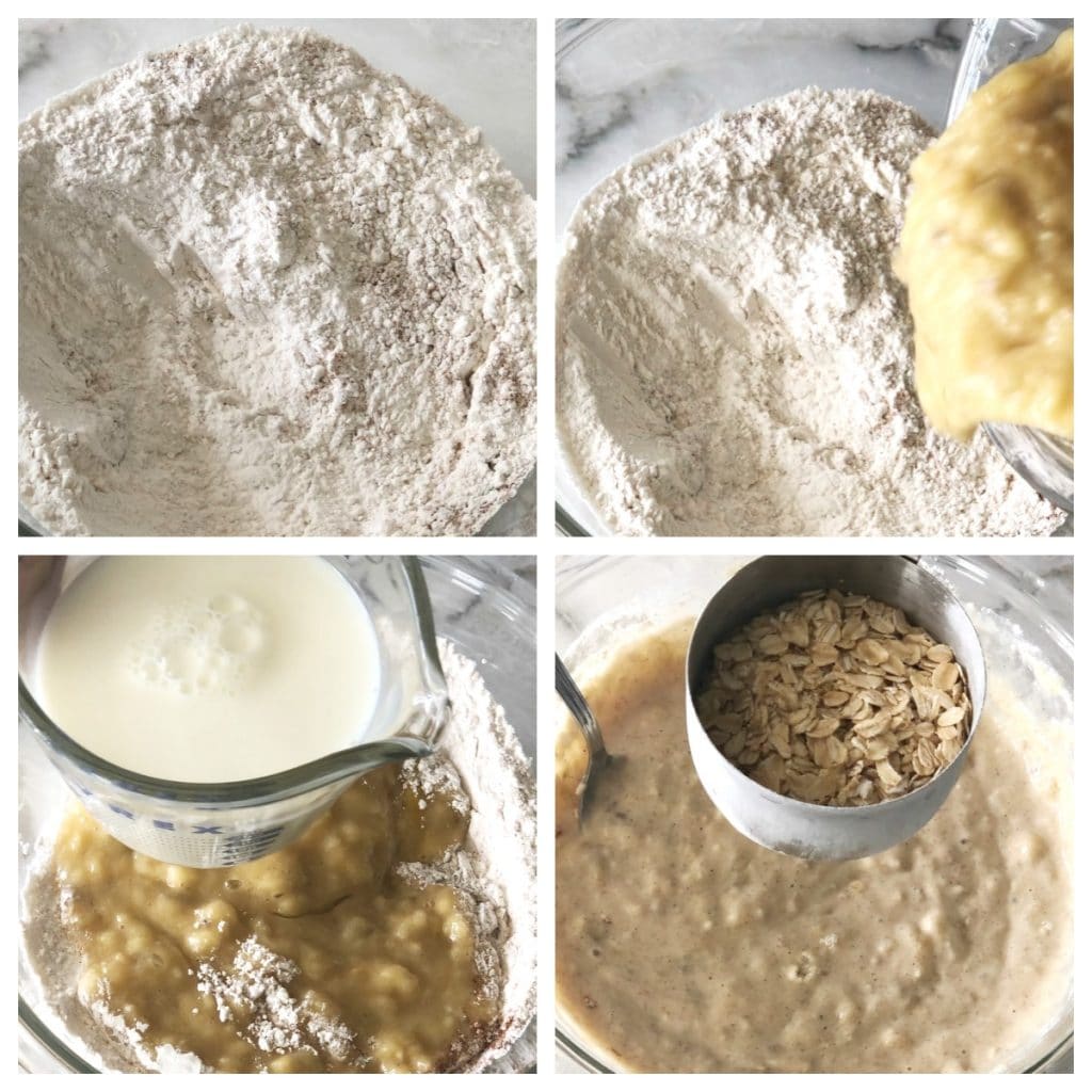 Flour, mashed bananas, milk and oats