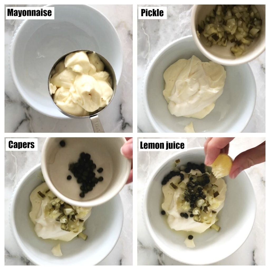 steps to making sauce, mayo, pickles, capers and lemon juice