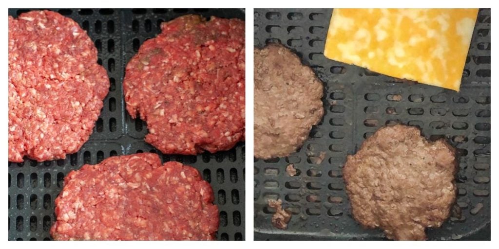 uncooked hamburger patties and cooked hamburgers with cheese