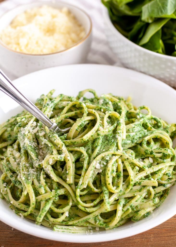 Green Pasta Sauce in a bowl and fork