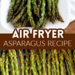 Asparagus on a plate and in an air fryer.