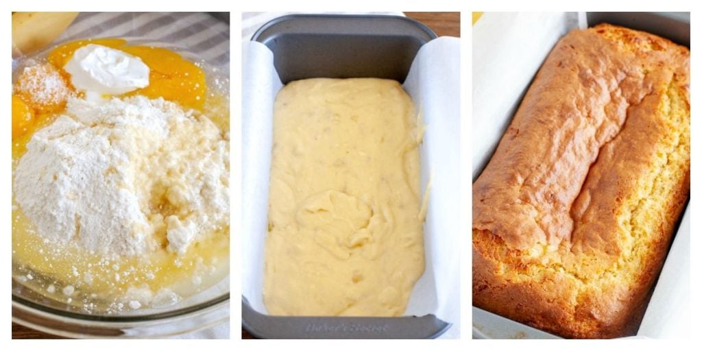 bowl with eggs, cake mix, banana and pan with batter, baked bread