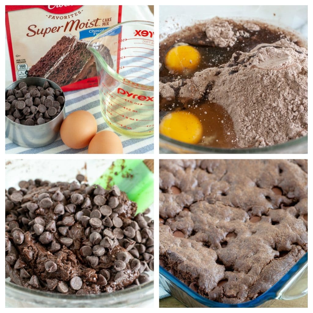 cake mix, oil, chocolate chips, eggs, in a bowl and then baked in a baking dish