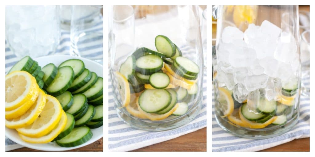 sliced cucumbers and lemon on plate, in a pitcher and covered with ice