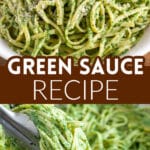 Green sauce on pasta.