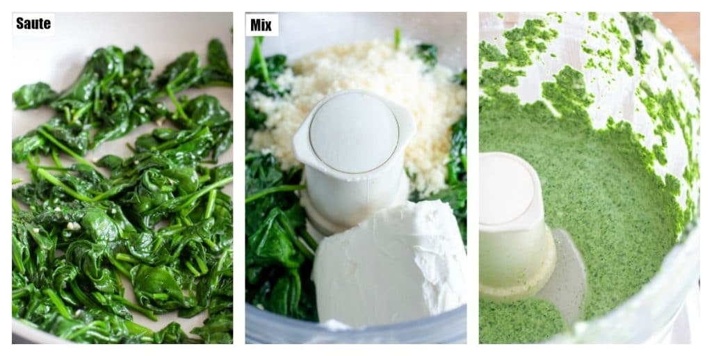 sauteed spinach, cream cheese spinach in a food processor, ingredients mixed