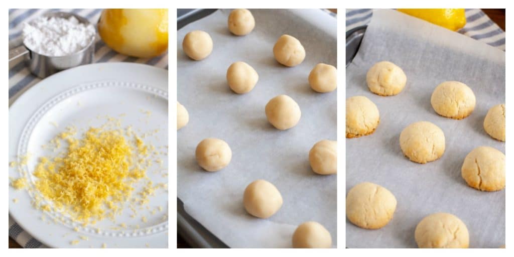 lemon zest on a plate, cookie dough in balls on sheet pan, cookies baked