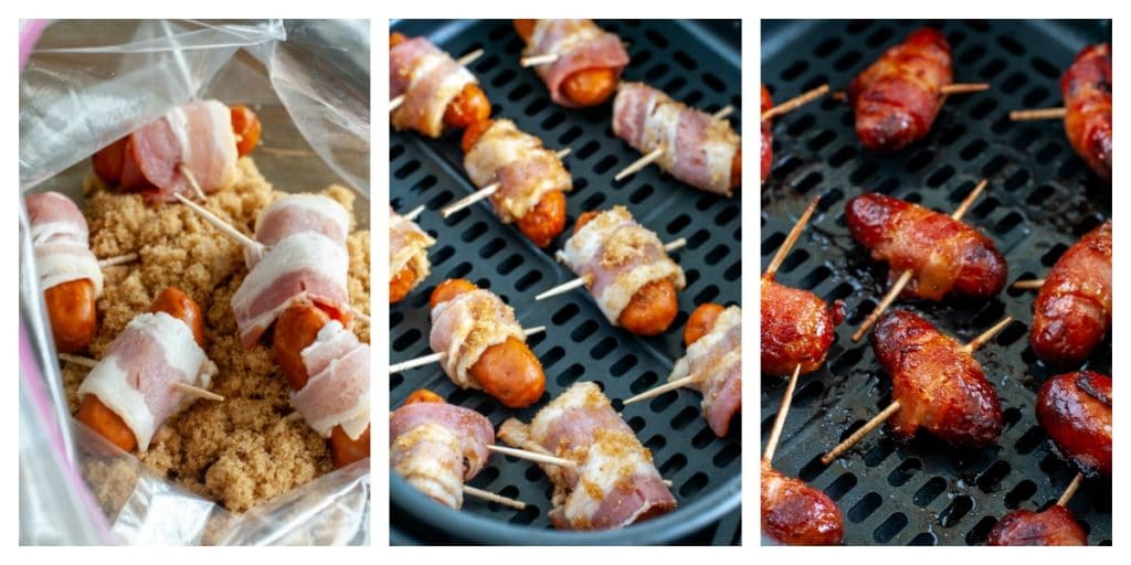 bacon wrapped smokies in a bag with brown sugar, in an air fryer and cooked