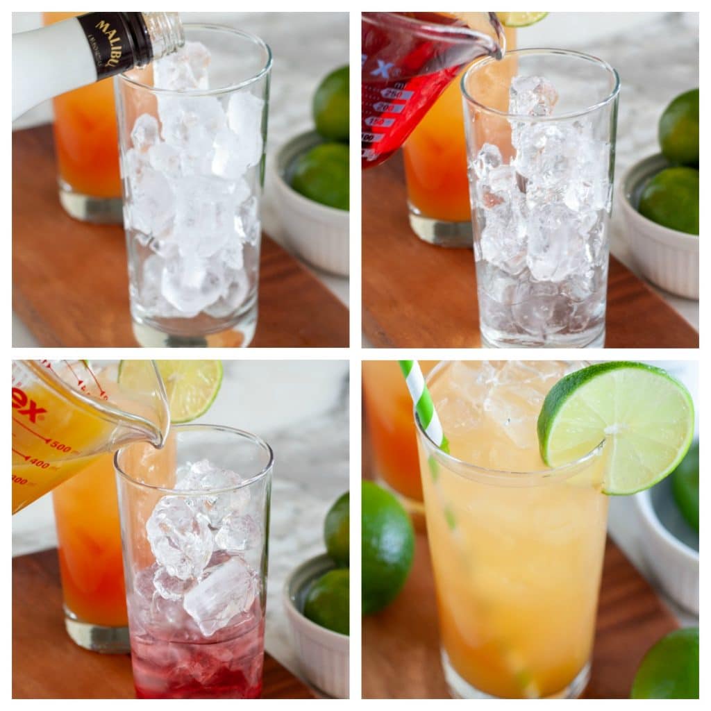 Glass with ice, malibu rum, cranberry juice and pineapple juice