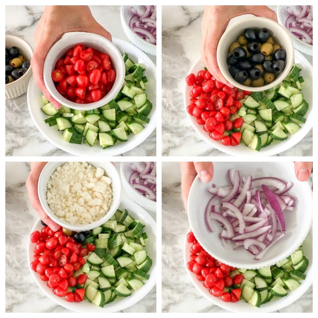 Bowl with cucumber, tomatoes, olives, onions and cheese