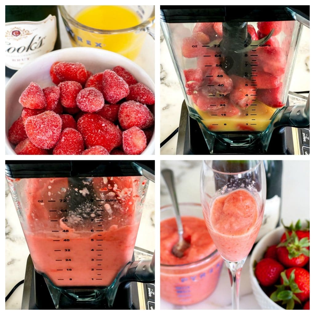 frozen strawberries, orange juice, champagne. Strawberries and orange juice in blender, mixture in glass