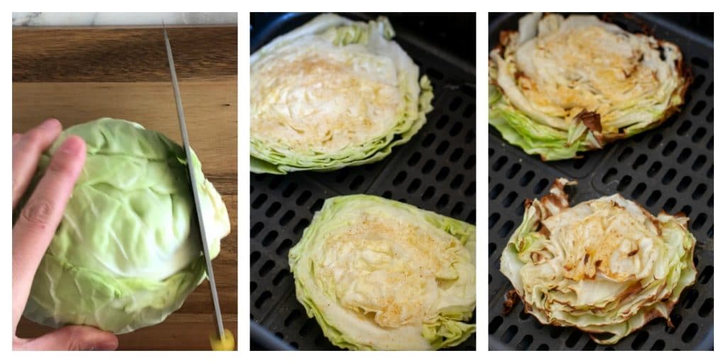 head of cabbage and cabbage slice in air fryer