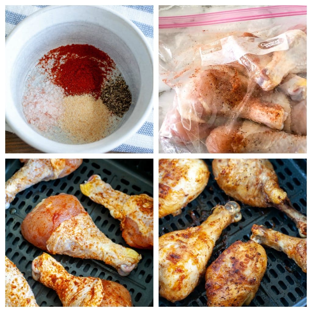 Bowl spices, bag with chicken legs, chicken legs in air fryer