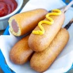 Corn dogs stacked on each other.