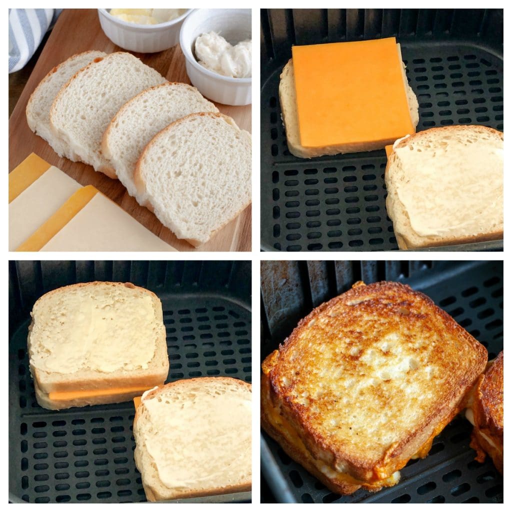 buttered bread in air fryer basket with cheese on top and then cooked sandwich