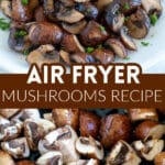 Mushrooms in an air fryer basket and on a plate.