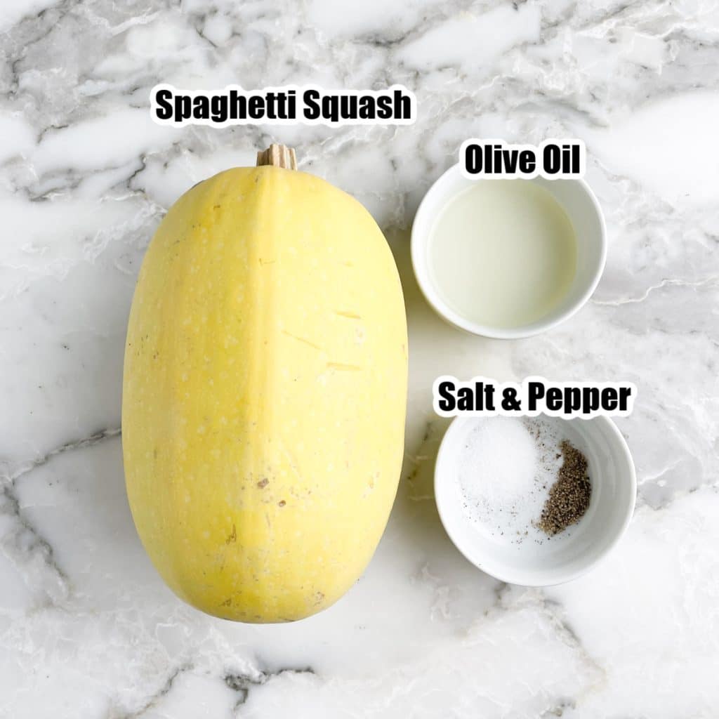 Spaghetti squash, bowl of oil, and bowl of salt and pepper.