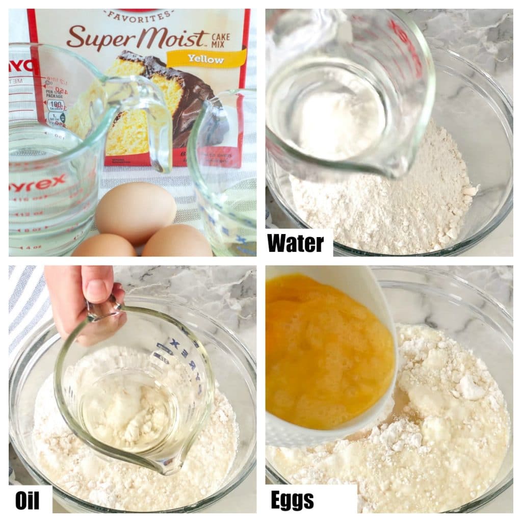 box of cake mix, bowl with mix, water, oil and eggs