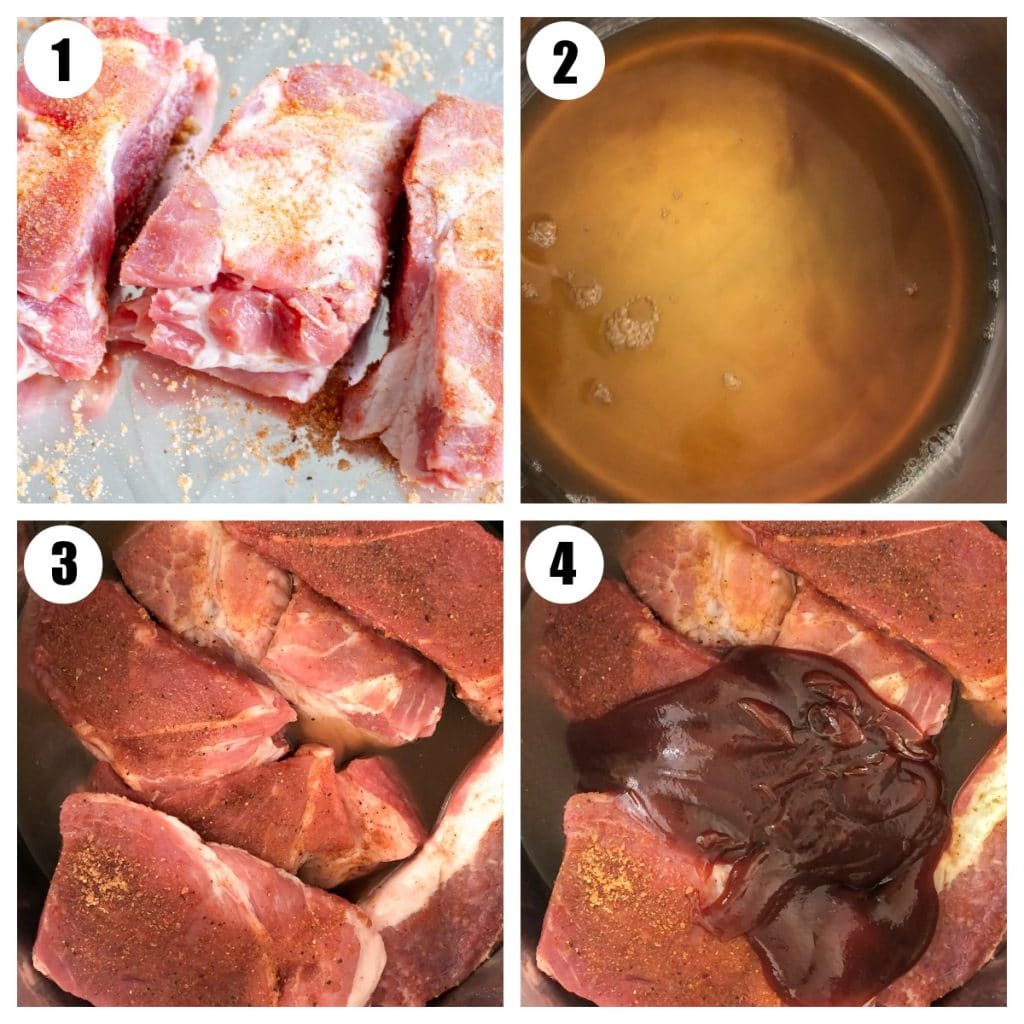 Spice rubbed ribs, Instant pot with broth, ribs and bbq sauce.