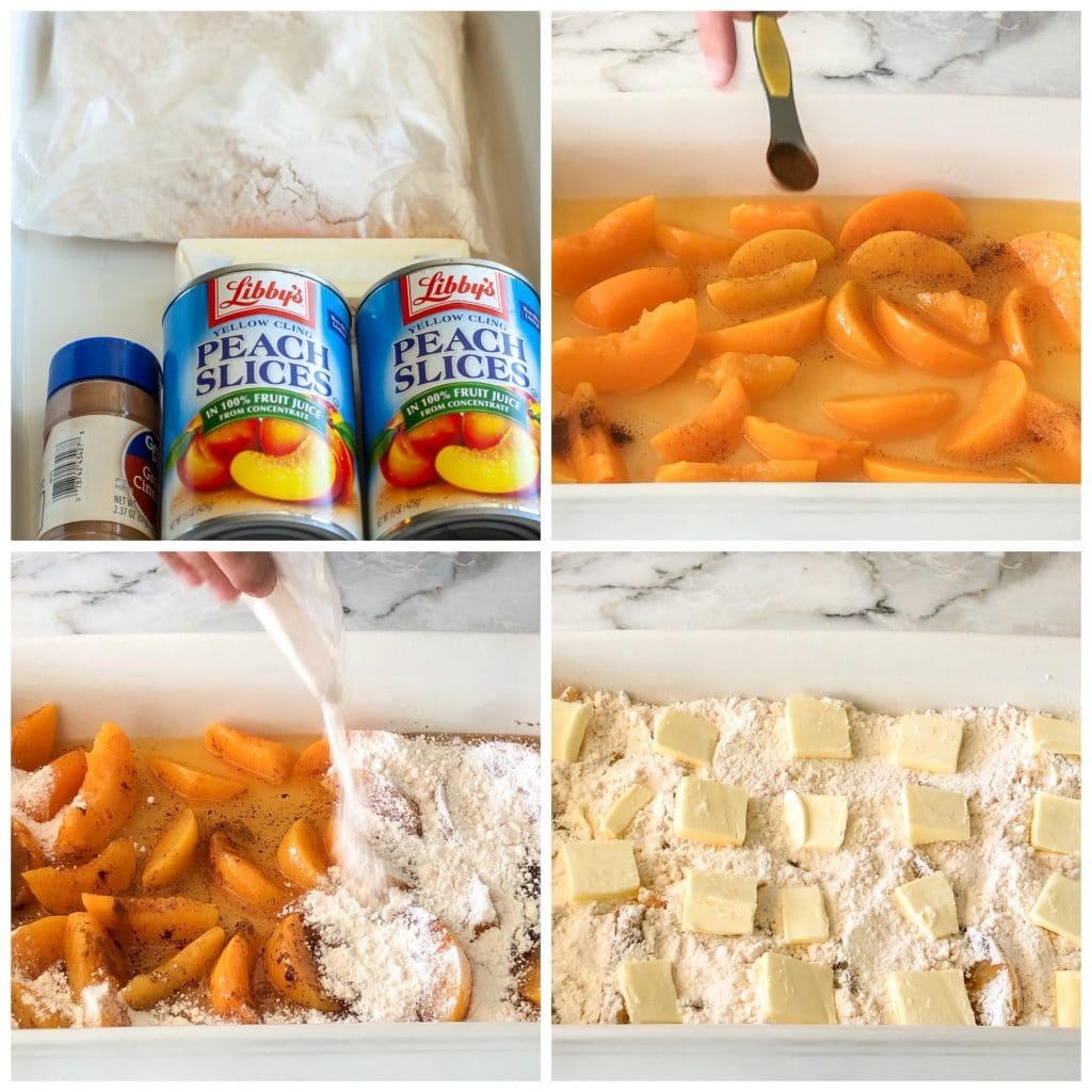 peaches  in a baking dish with cake mix and butter