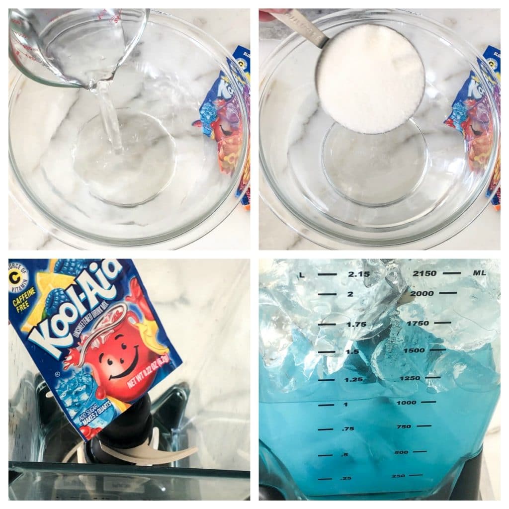 Water and sugar in a bowl, Kool-Aid packet and in a blender with ice