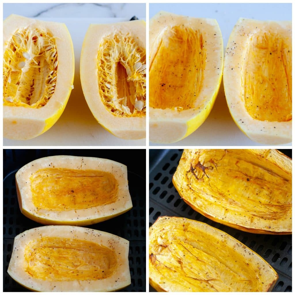 spaghetti squash cut in half, in the air fryer and roasted