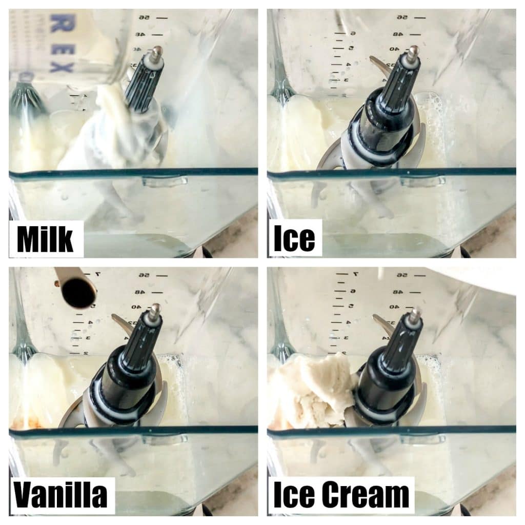 blender with ice, milk, ice cream and vanilla