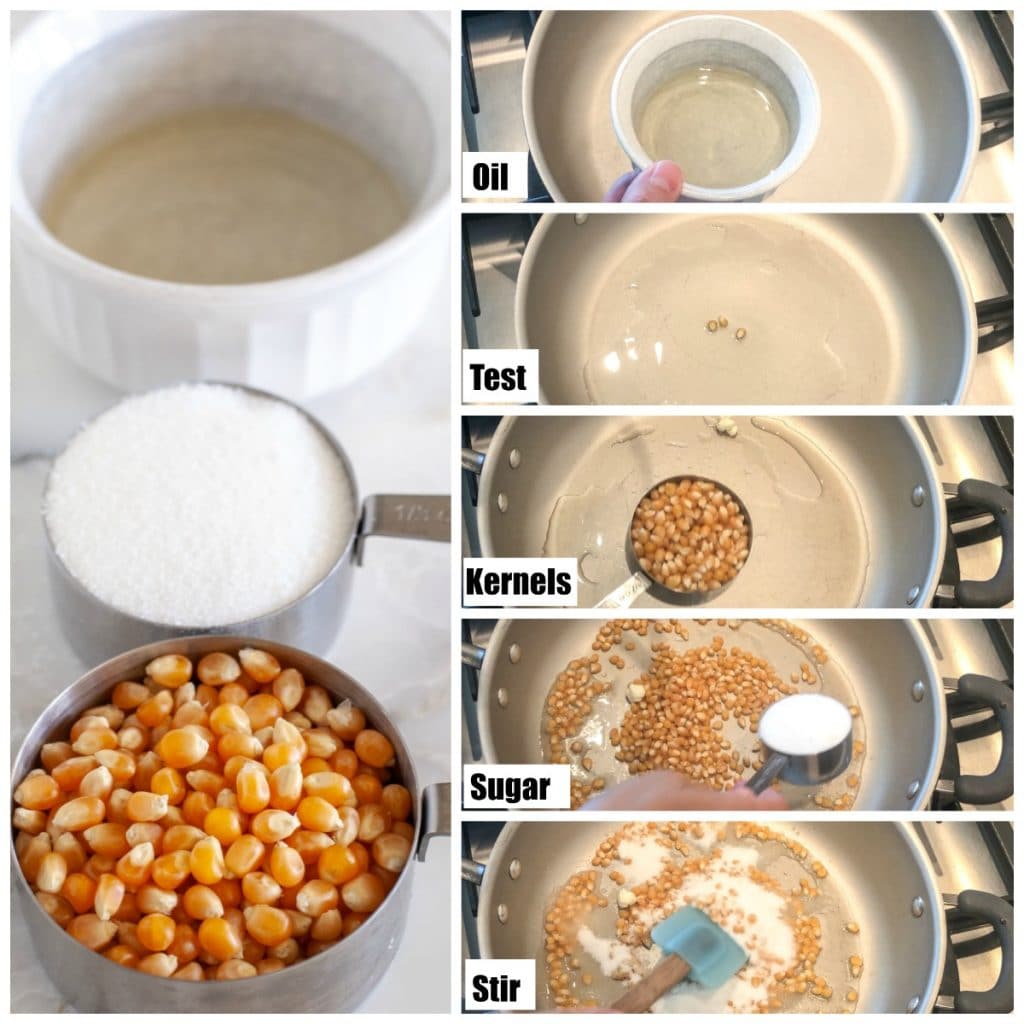 Oil, Popcorn kernels, sugar in a pan