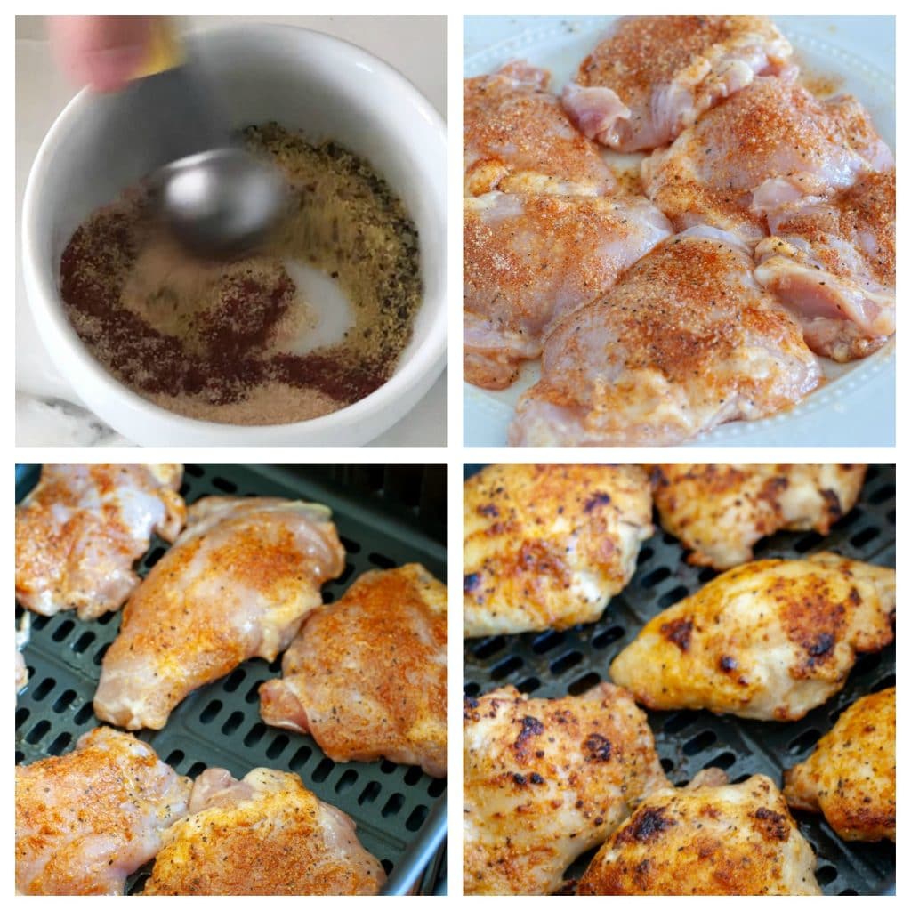 spices in bowl, chicken thighs with spices, cooked chicken thighs