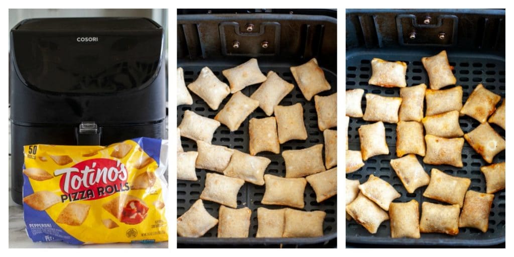 Pizza rolls in air fryer basket, frozen and cooked