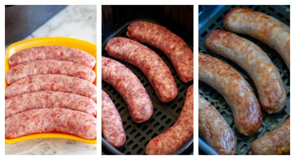 Package of sausages, in the air fryer uncooked and cooked