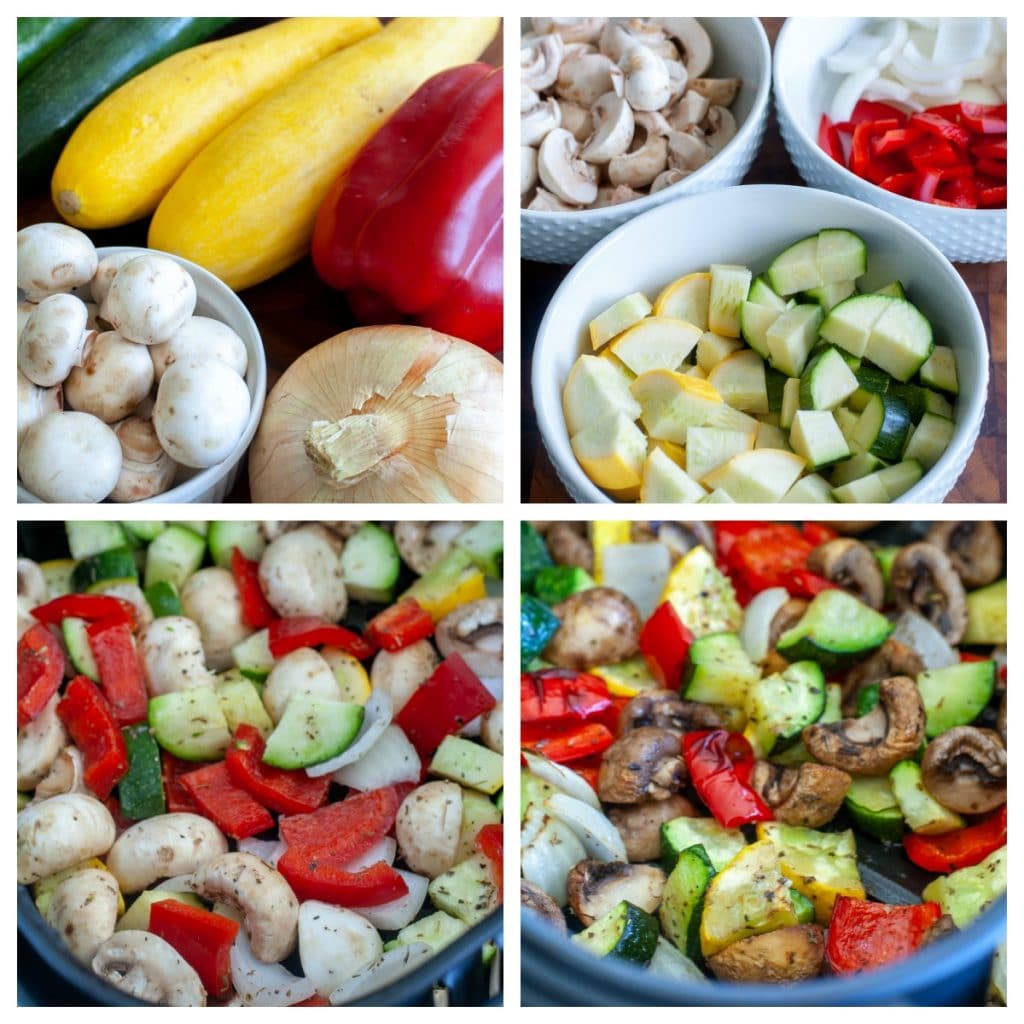 zucchini, squash, pepper, onion and mushrooms, cut and then in air fryer basket