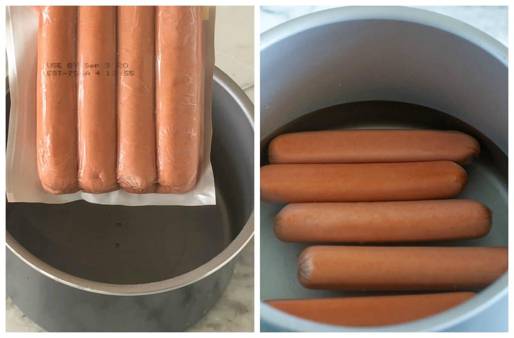 Package of hot dogs and pot of water