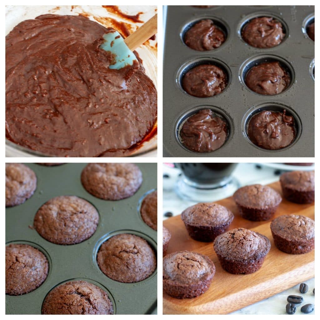brownie batter in a bowl, in muffin tin and baked