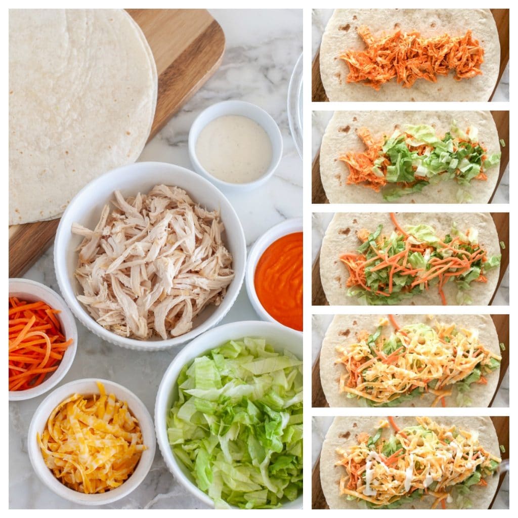 Ingredients of chicken wrap, chicken, buffalo sauce, cheese, lettuce, ranch, carrots