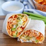 Chicken wrap cut in half.