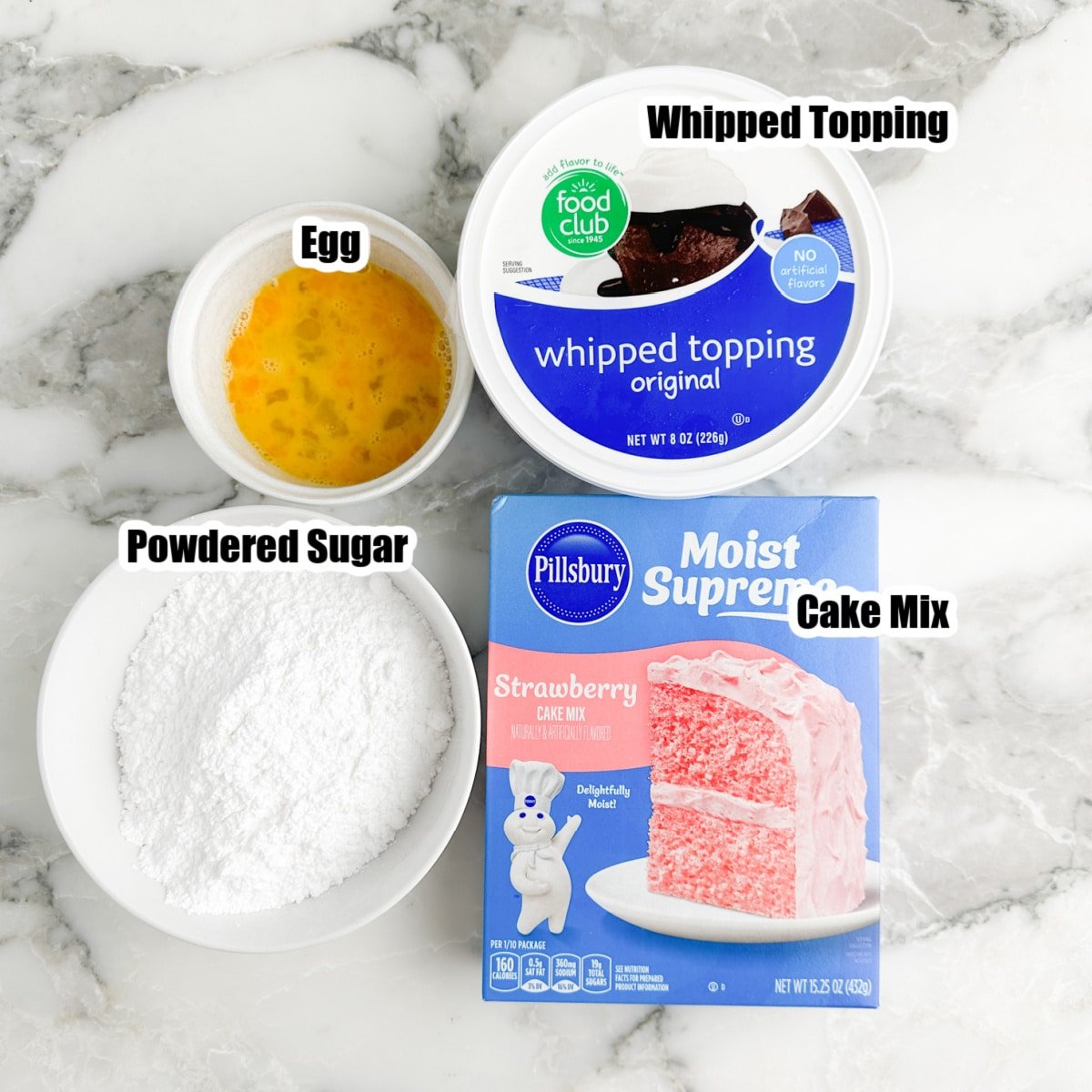 Box of strawberry cake mix, whipped topping, egg, and bowl of powdered sugar.