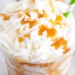 Glass of caramel frappuccino.