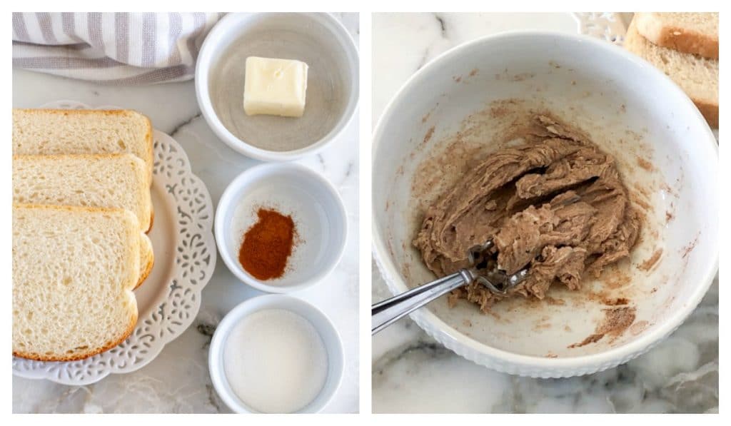 Plate with bread, bowls with butter, sugar and cinnamon