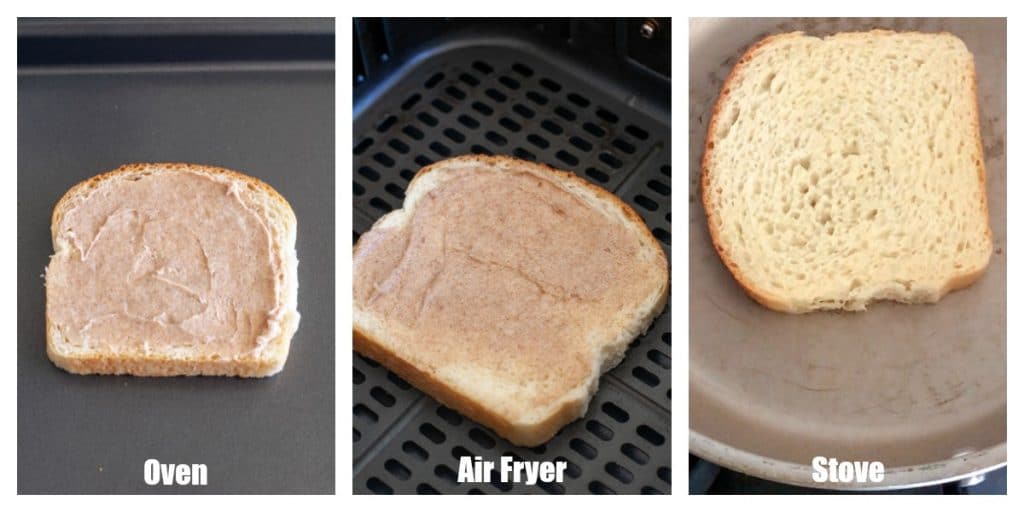 Cinnamon toast on baking sheet, in air fryer and in skillet