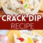 Bowl of cream cheese dip with bacon bits and cheese.