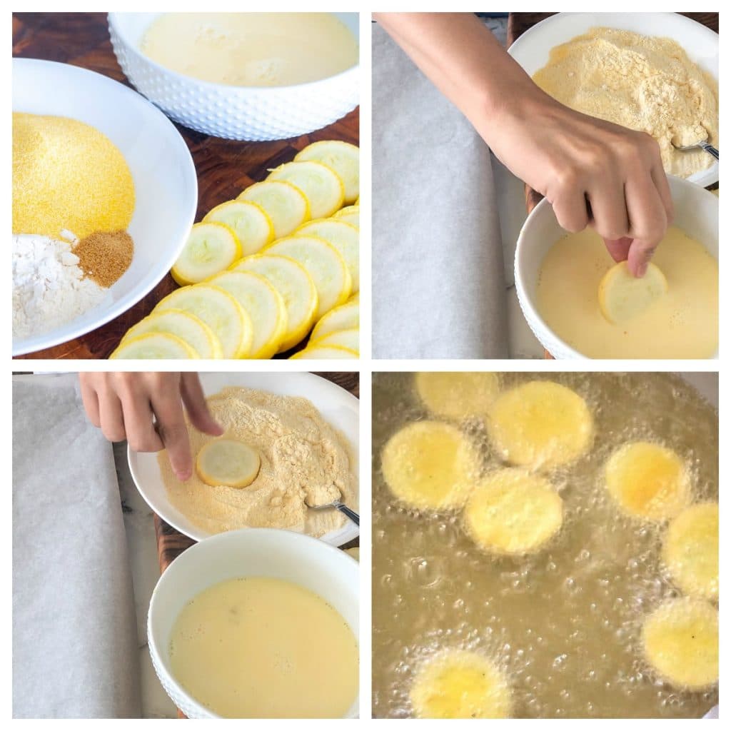 Sliced squash, egg and milk, cornmeal and flour, squash frying