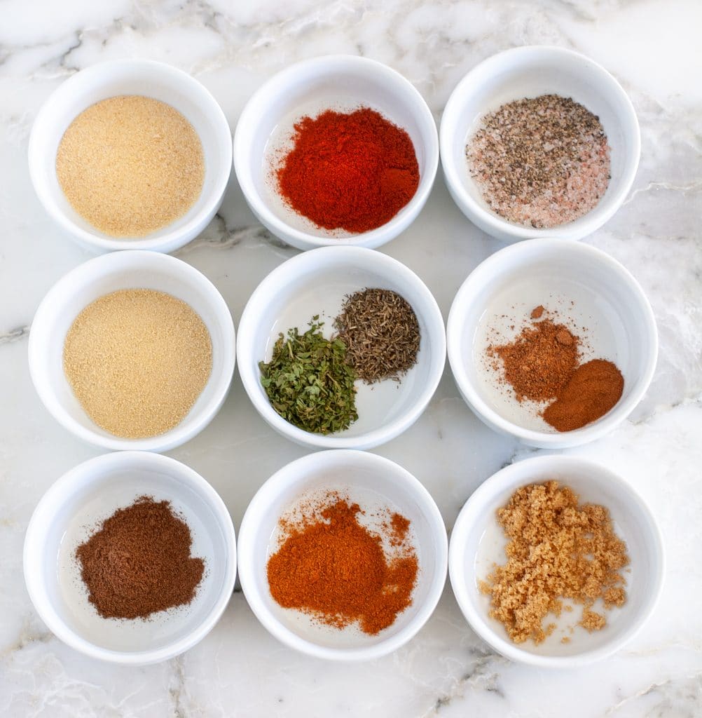 Spices separated into 9 bowls
