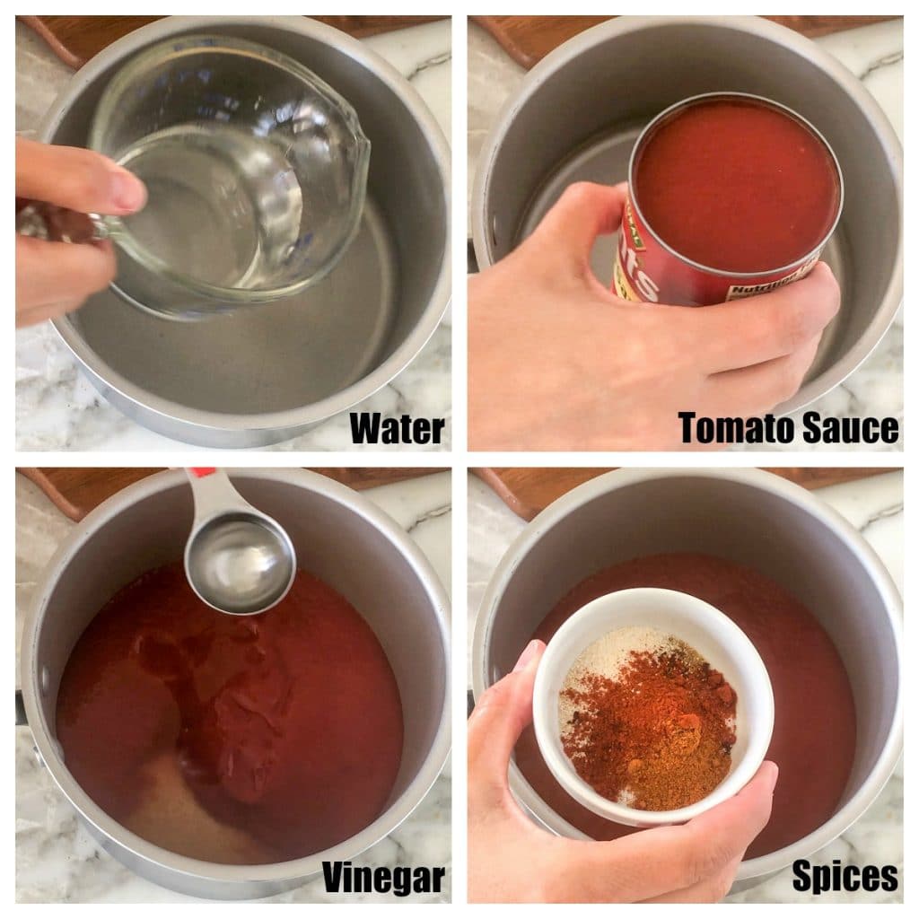 Pot with water, tomato sauce, vinegar and spices