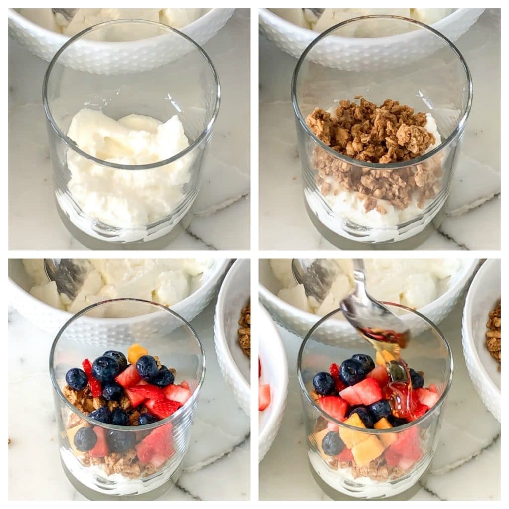 Cup with yogurt, granola, fruit and honey