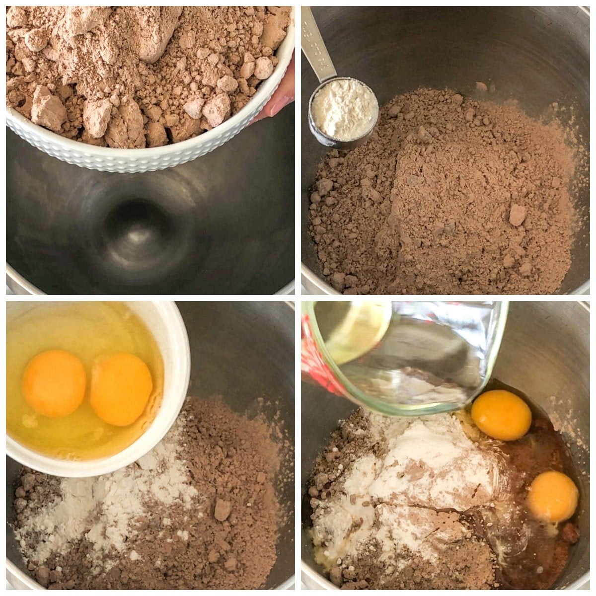 Fudgy Brownie Cookies 4 Process of mixing brownie mix, flour, eggs, and oil for cookies.