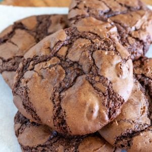 Chocolate cookie stacked on plate.